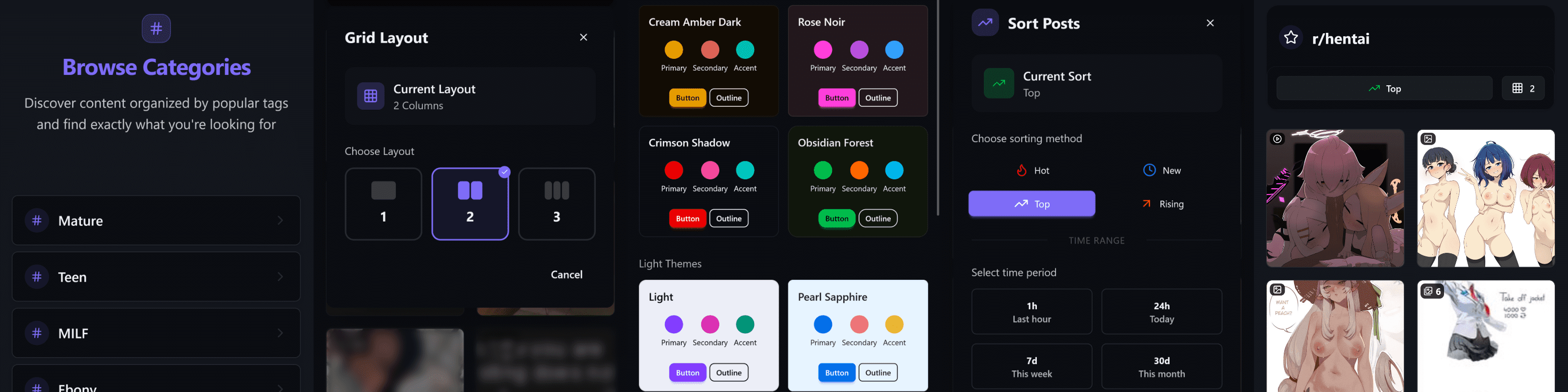 SnooHub app features showing categories, themes, and sorting options